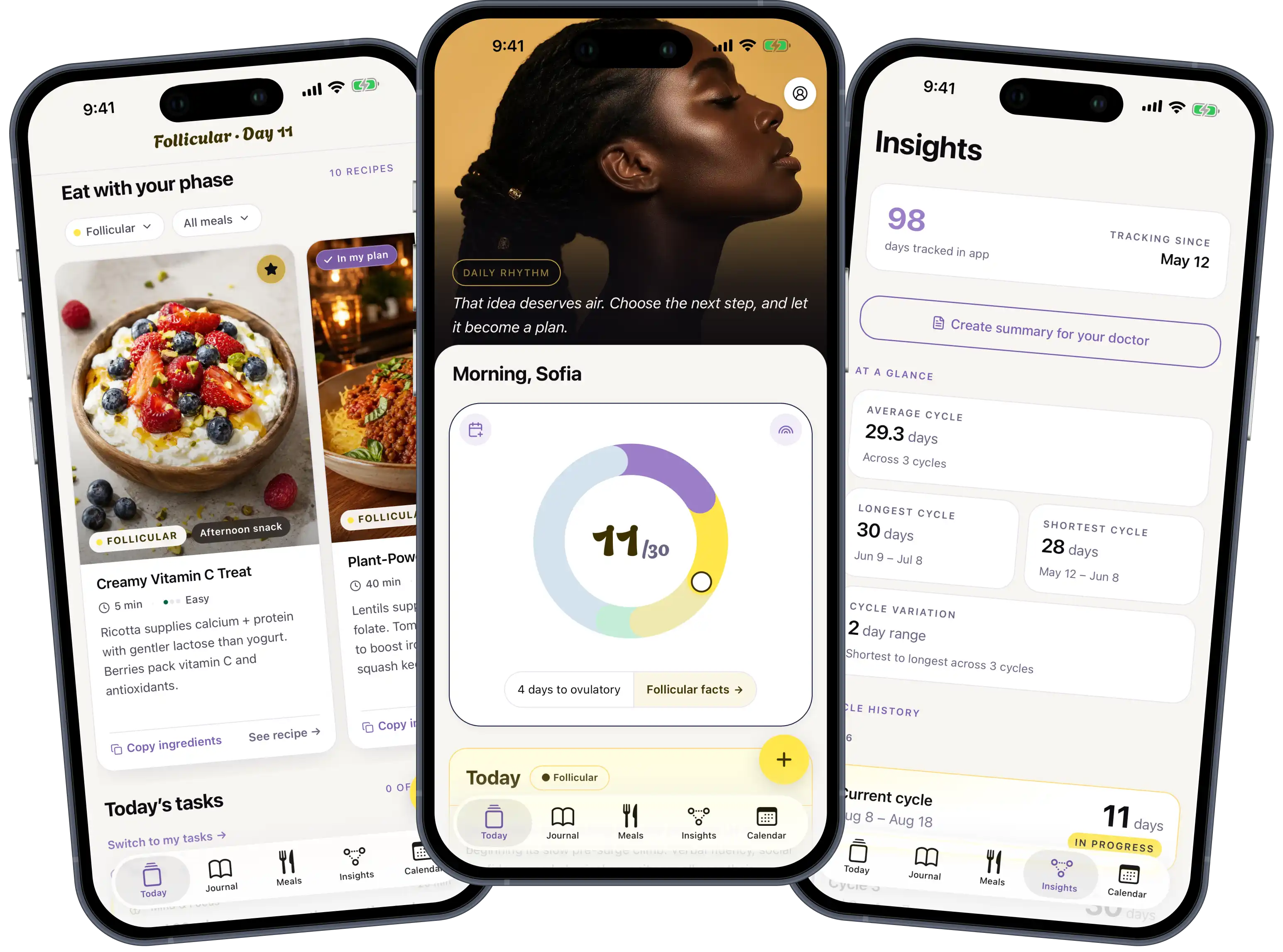 Rhythms app shown on three phone screens