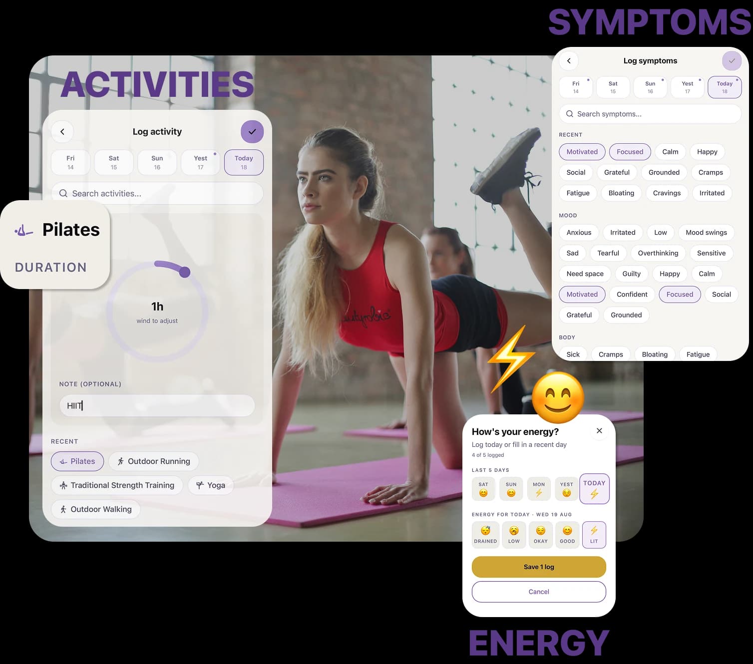 Logging screens for activities, symptoms and energy in the Rhythms app