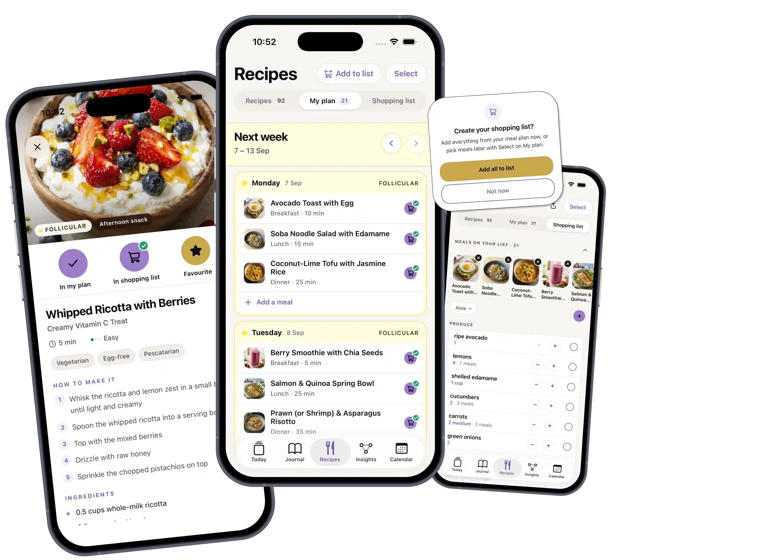 Three phones showing a recipe with ingredients, the weekly meal plan, and a shopping list created from it
