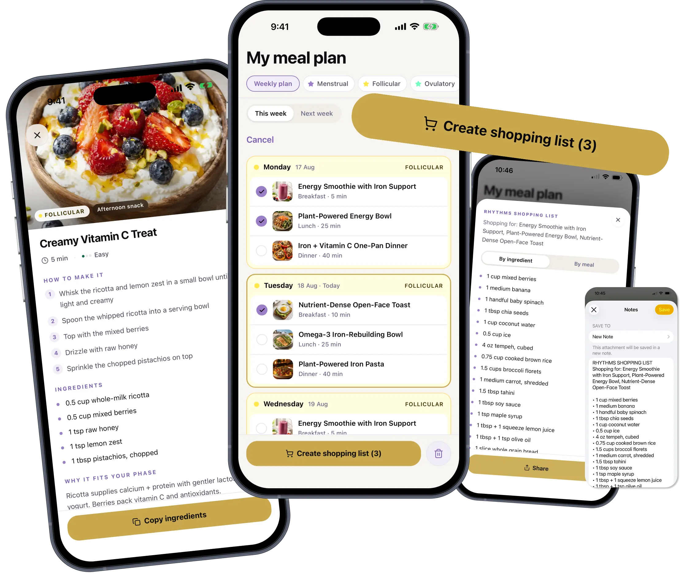 Three phones showing a recipe with ingredients, the weekly meal plan, and a shopping list created from it