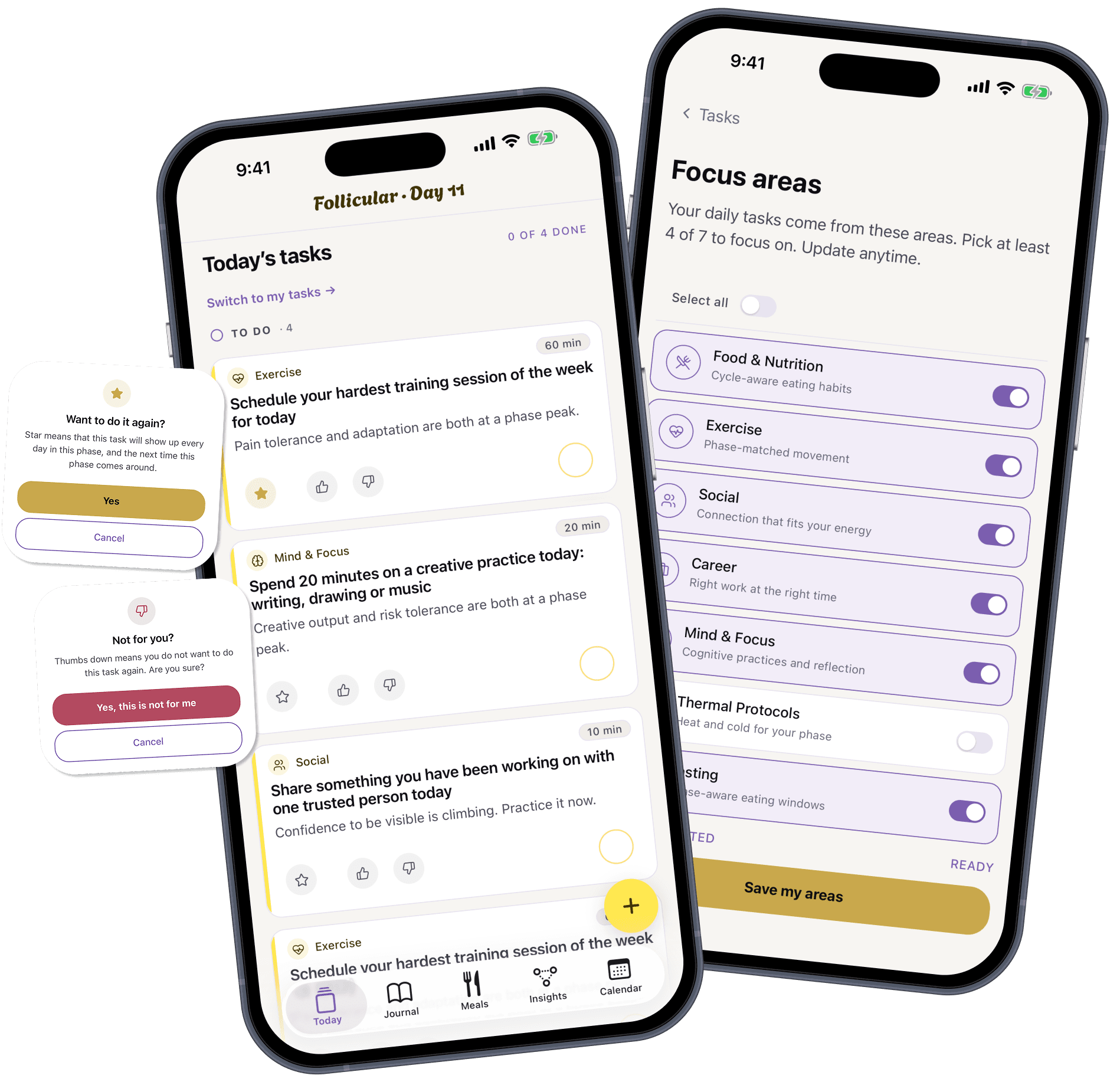 Two tilted phones showing the Focus areas and Today's tasks screens, with the star and not-for-me dialogs floating beside them